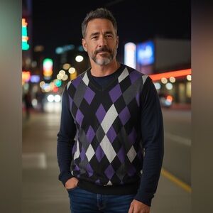 Perry Ellis Men’s Argyle Sweater Vest Black Purple Gray – Size L NWT